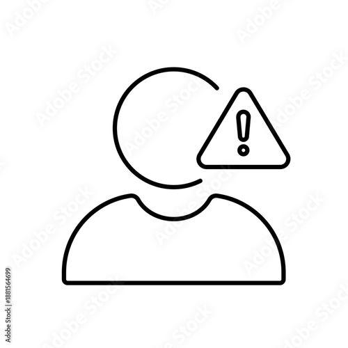 A vector icon showing a user with a warning triangle, indicating suspicious activity, created in line style with editable stroke