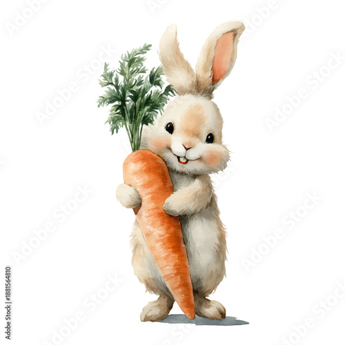 Cute watercolor rabbit illustration holding a large, freshly picked orange carrot, depicting spring harvest, gardening, and healthy eating for children's books and easter themes