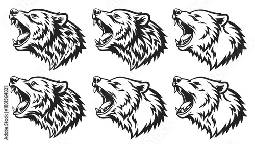 Six variations of a roaring bear head design in a striking black and white silhouette