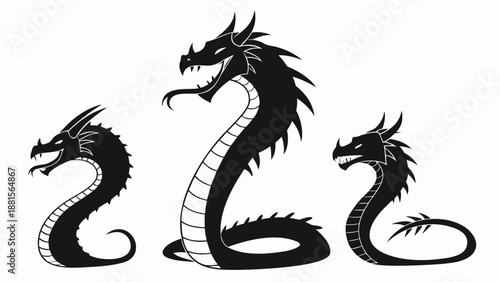 Intricate black dragon design featuring three serpentine forms with detailed scales and horns a striking silhouette