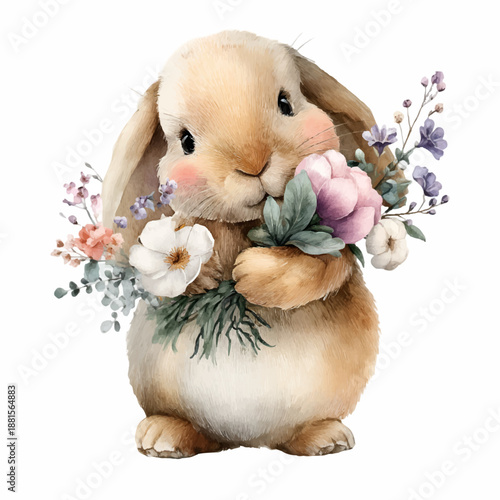 Cute baby rabbit holding spring blossom flowers watercolor illustration celebrating easter, new beginnings, freshness, and nature revival