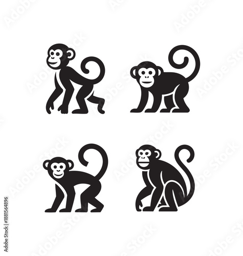 Photography Set of monkey icon logos in flat vector style on a clean background, featuring p