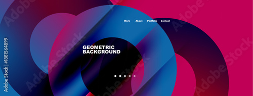Abstract design features vibrant overlapping shapes. Text displays work, about, portfolio, contact options. Modern geometric background dominates visual space.