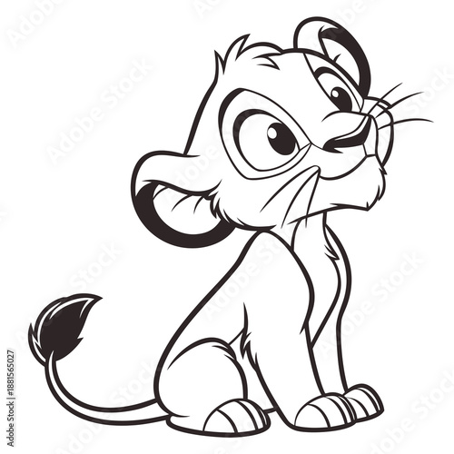A charming cartoon depiction of a young lion cub in a seated position black silhouette