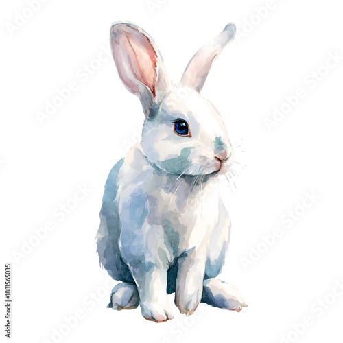 White rabbit illustration with bright blue eyes, capturing the freshness of nature and the innocence of spring, suitable for easter, children's books, or animal motifs