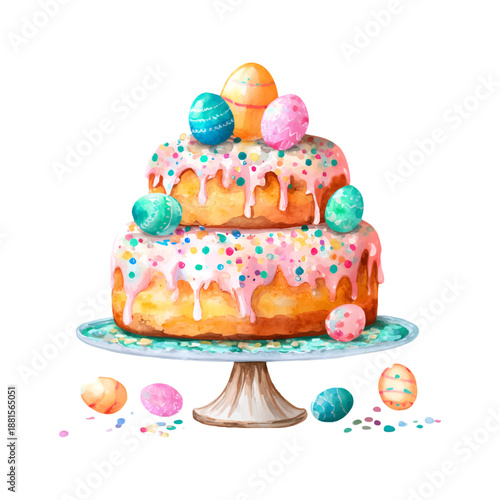 Watercolor easter cake on a stand with colorful frosting, sprinkles, and decorative eggs, celebrating spring, holiday traditions, and sweet pastry desserts