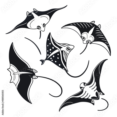 A striking composition of manta rays gracefully gliding through the ocean depths presented as a silhouette