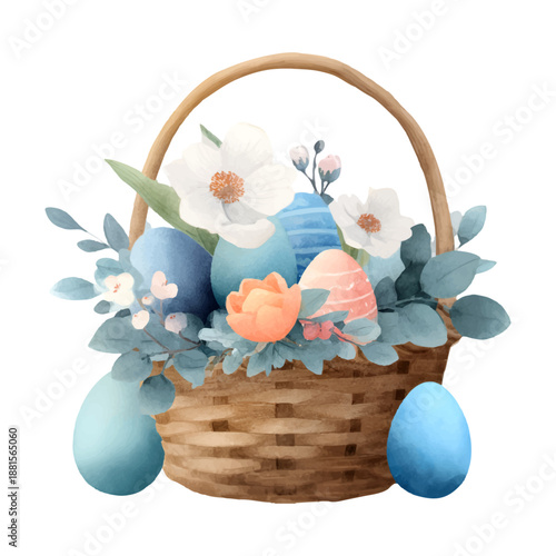Wicker basket of pastel easter eggs nestled among white and peach blooms and eucalyptus leaves, creating a soft, festive spring arrangement ideal for cards and decor