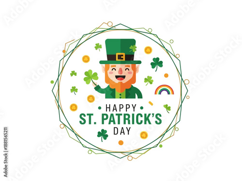 Celebrating St. Patrick's Day with a cheerful leprechaun surrounded by shamrocks and coins in a festive circular frame