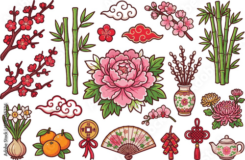 Chinese New Year Floral Vector Sticker Set. Peony, plum blossom, bamboo, and lucky plant decoration collection