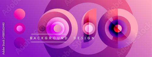 Abstract purple design features overlapping circles, gradients, text elements. Modern, vibrant composition suitable for backgrounds.