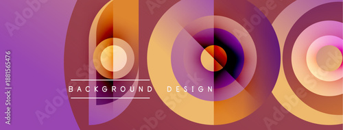 Abstract circles overlap, creating vibrant gradients. Purple, orange, pink hues dominate design. Text reads background design. Modern aesthetic.