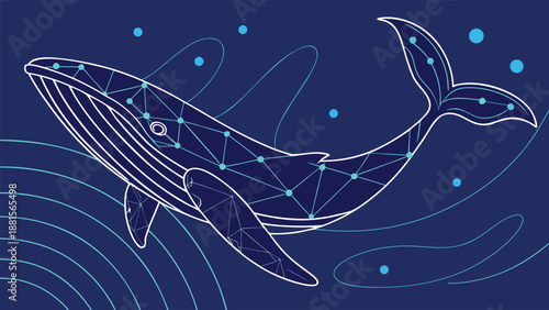 A stunning digital illustration of a majestic whale constructed from glowing polygonal lines silhouette high quality