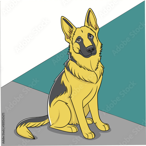 a cartoon german shepherd dog sitting on a gray floor with a distinctive silhouette high quality
