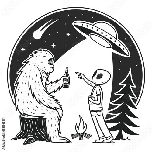 A whimsical scene depicts a sasquatch alien and campfire with a flying saucer overhead silhouette