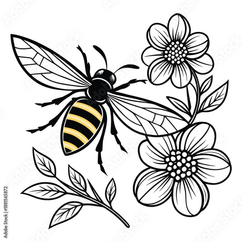A detailed illustration of a bee hovering near blossoming flowers presents a striking monochrome silhouette