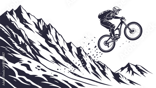 A daring mountain biker performs a jump amidst rugged peaks a striking black and white silhouette