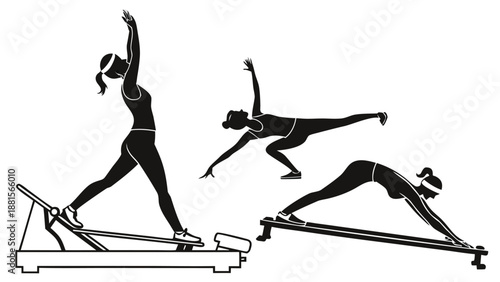 Pilates exercise forms depicted in a striking black and white presentation showcasing dynamic movement silhouette