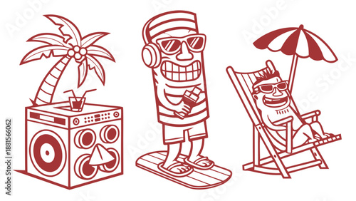 Red illustration depicts a tropical scene with tiki figures music and beach relaxation silhouette high quality