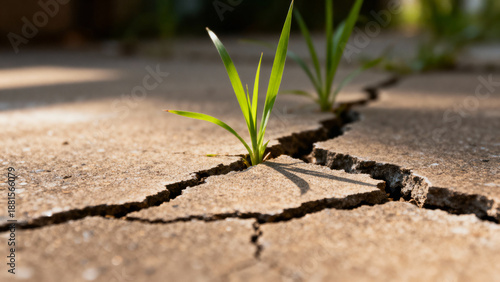 Bright green grass sprout pushing through cracked dry pavement in warm afternoon sunlight, blurred urban background fading into soft bokeh, concept of resilience and new life