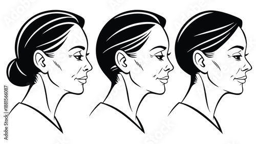 three black and white illustrations of a woman s face in profile with aging effects silhouette