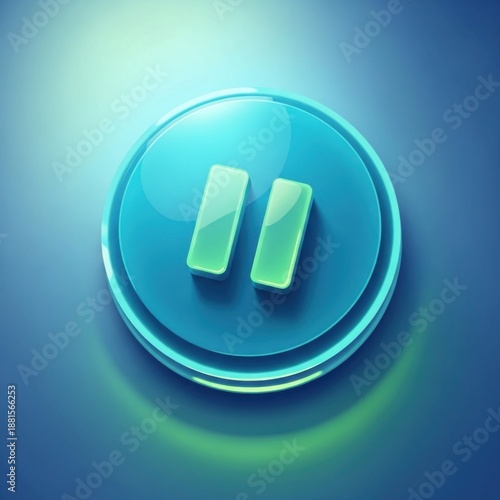 Glassy blue pause button with neon green bars, shiny reflective surface