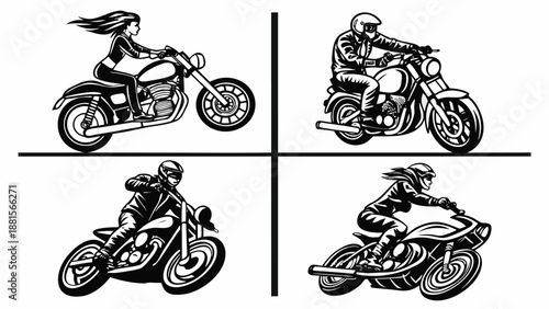 Four vintage motorcycle riders depicted in a striking black and white illustrative style silhouette high quality