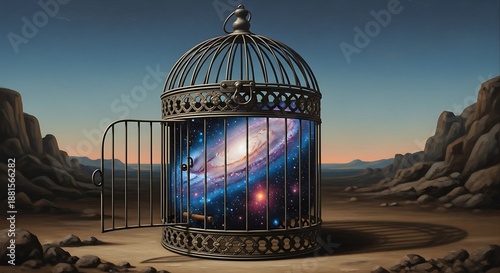 Cosmic imprisonment artistic depiction of the universe in a birdcage