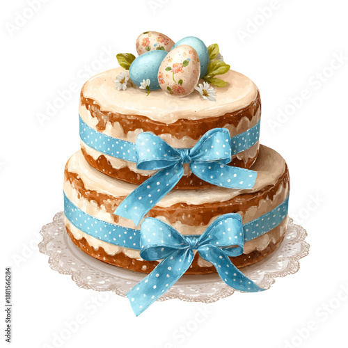 Festive two tier cake celebrating easter with decorative eggs, delicate flowers, and charming blue polka dot ribbons, embodying spring freshness and sweet traditions
