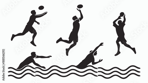 Dynamic water polo players in action showcasing athletic movements and teamwork in a striking silhouette