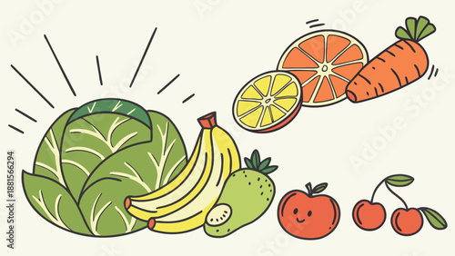 Vibrant illustration displaying an assortment of fresh fruits and vegetables in a colorful artistic silhouette