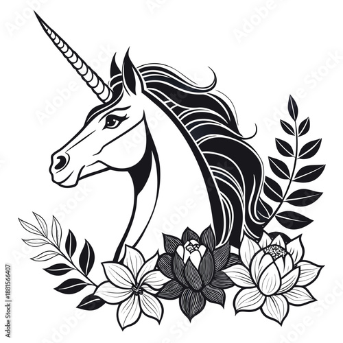 Elegant unicorn head with floral arrangement a detailed black and white artistic representation silhouette high quality