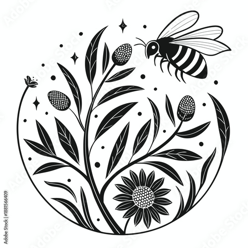 A detailed black and white illustration of a bee with flowers in a circular design silhouette