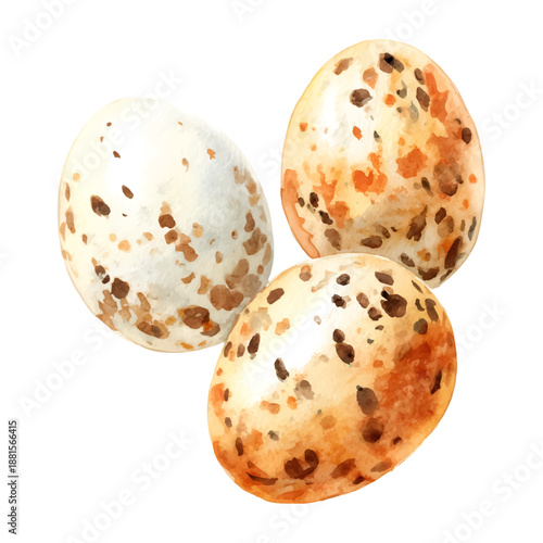 Quail eggs watercolor illustration, depicting speckled bird eggs with a brown and beige shell, symbolizing spring, new life, nature, healthy eating, and nutritious food ingredients