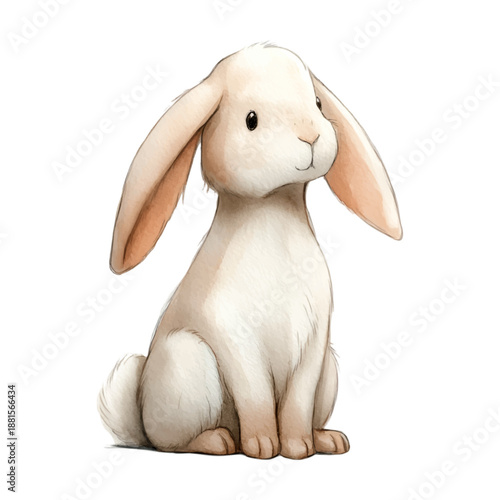 Adorable watercolor bunny sitting upright on a white background, featuring soft fur and long, expressive ears, creating a peaceful scene for spring, holidays, and pet related content