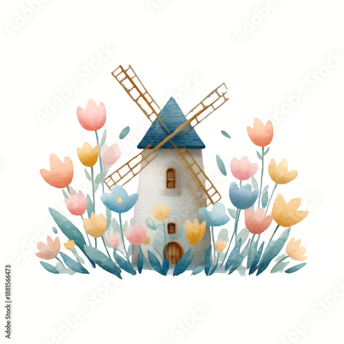 Watercolor illustration depicting a cute windmill with a blue roof surrounded by many blooming colorful tulips and green leaves, evoking a charming and peaceful spring nature scene