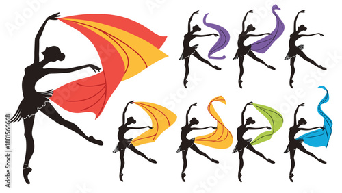 dancers in various poses with colorful fabric flowing silhouette high quality professional detailed modern elegant stylish