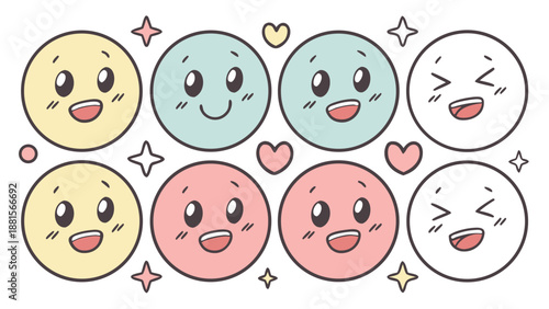 Collection of cute cartoon face icons with different expressions and colors a delightful visual silhouette
