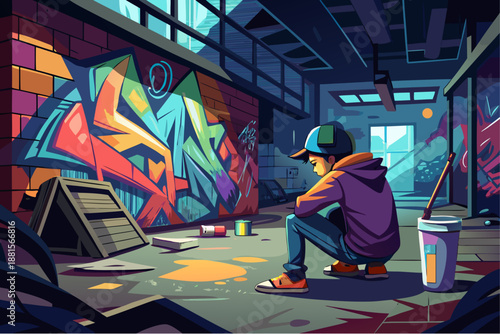 Sad teenager sitting alone in abandoned warehouse with colorful graffiti on walls and painting tools around