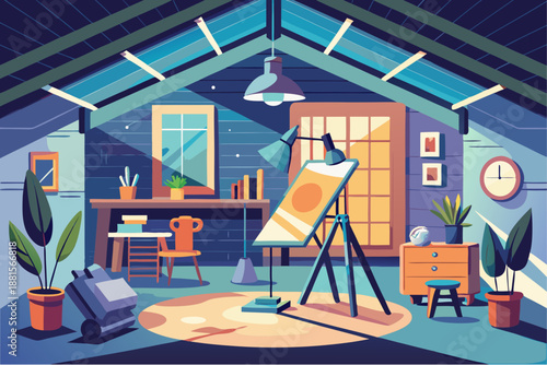 Colorful attic art studio with easel, drawing tools, plants and cozy furniture in a creative and inspiring environment