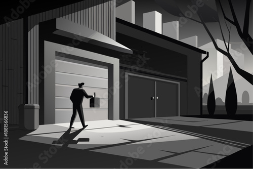 Monochrome illustration of a man standing outside a modern building with dramatic lighting and urban background