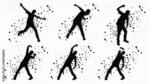 Dynamic figures in motion captured as a series of dark shapes against a speckled background silhouette