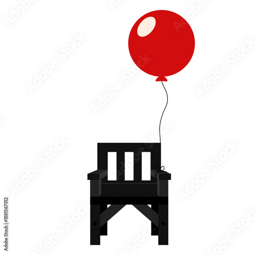 Vector illustration of wooden chair with red balloon tied to chair isolated transparent background. Concept of loneliness. A lonely holiday. EPS 10