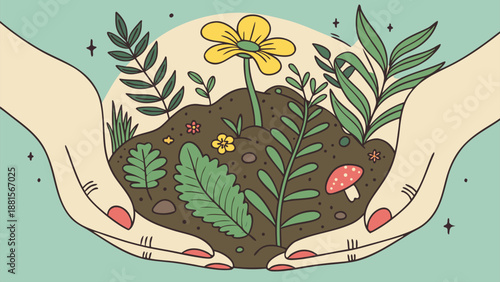 Hands gently cradling earth foliage and vibrant blooms in a circular design a beautiful silhouette