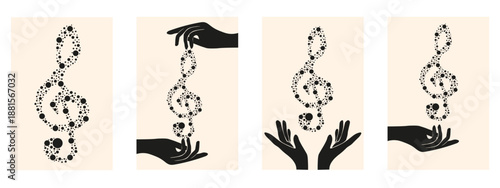 Music poster cover set. Vector illustration of modern Abstract Treble Clef in black hands isolated white background. Perfecl Music school living room interior poster cover collection. EPS 10