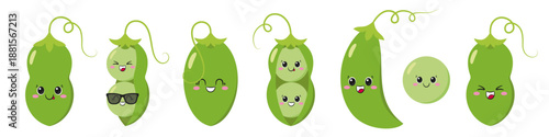 Green pea pod set, cute and fun cartoon character, tasty and healthy vegetables, big eyes, emotions joy delight, happy smiling face, kawaii style, icon vector children's illustration.