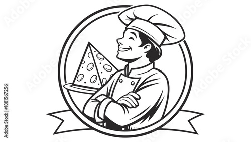 a smiling chef in a hat holding a pizza slice silhouette high quality professional detailed modern