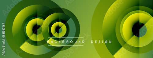 Abstract green circles overlap, creating dynamic visual effect. Text reads background design centered below shapes. Modern, minimalist style.