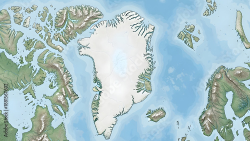 Topographical map of Greenland showing its ice sheet, fjords, mountains, and surrounding islands in the Arctic Ocean.