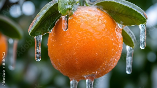 Frozen orange fruit on tree covered in ice during winter freeze